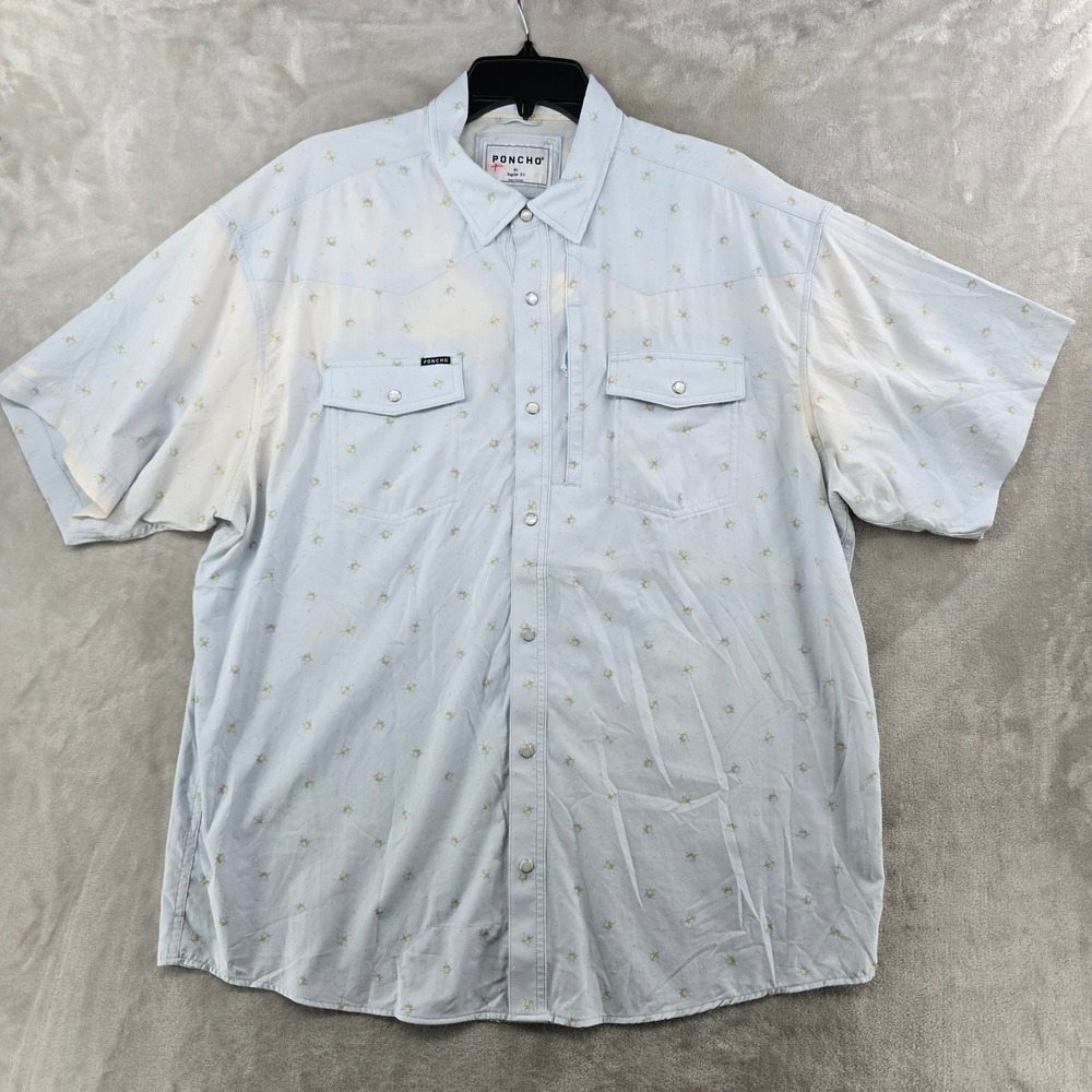 Poncho Western Shirt Mens XL Blue Short Sleeve Pearl Snap Stained*